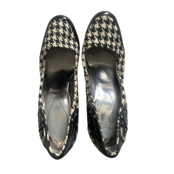 GUESS Tweed Houndstooth‎ Buckle Y2K Patent Cap Toe Retro Stiletto Heels - Picture 5 of 8